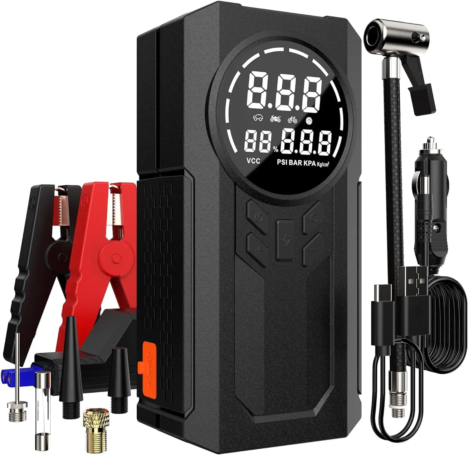Avviatore di emergenza multifunzionale 4 in 1 con gonfiatore e accenditore di emergenza con luce a LED Power Bank con gonfiatore per auto con digitale