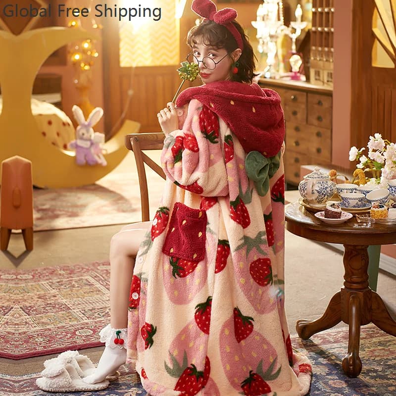 Women's Winter Strawberry Cartoon Hooded Robe Coat Cosplay Cute Loungewear Pajamas Kawaii Flannel Warm And Comfortable Bathrobe