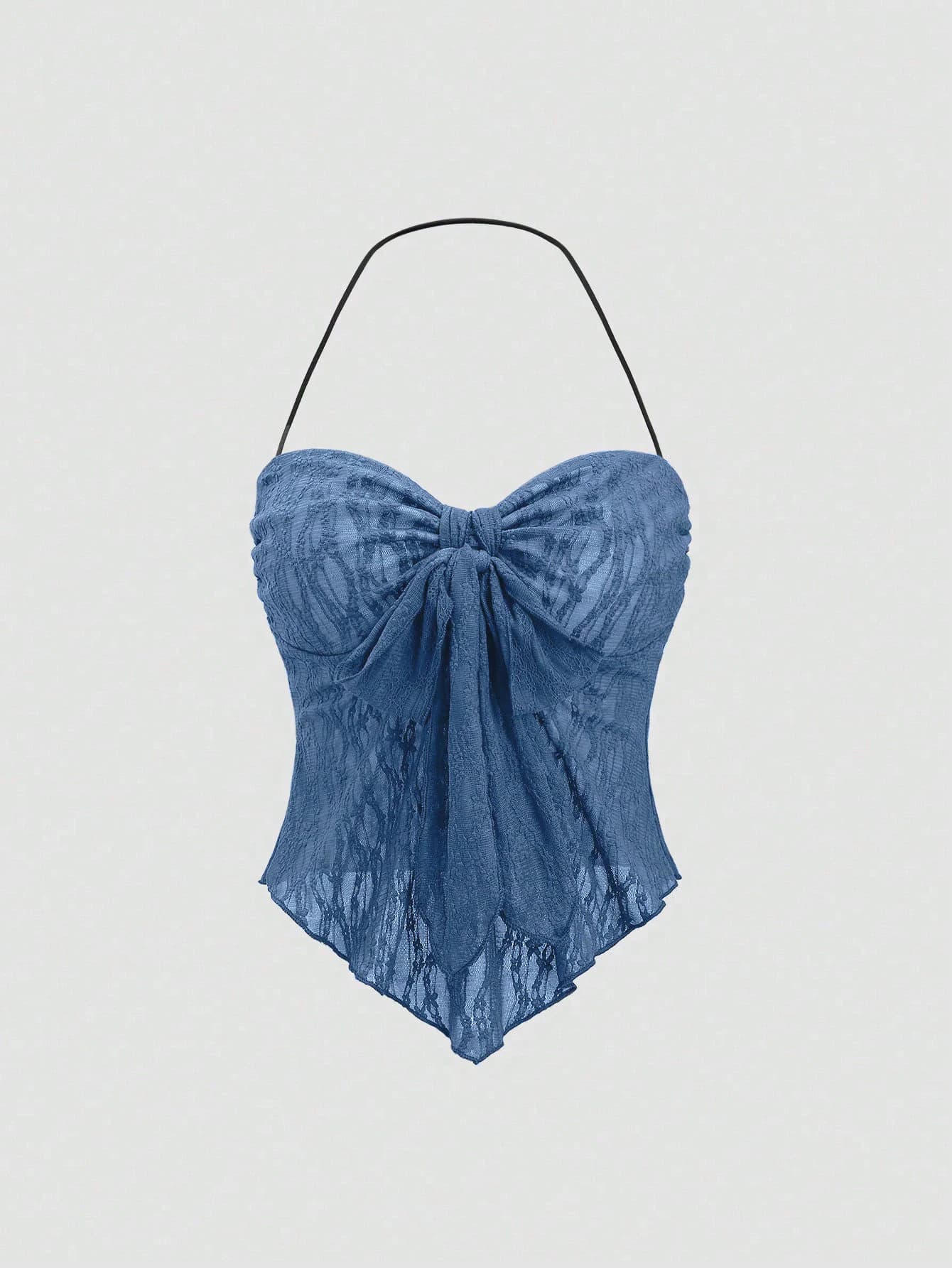 Women Halter Sweetheart Neck Front Bow Ruched Lace Slim Fit Irregular Hem Cami Top With Built In Bra 2026 Summer Vacation Solid
