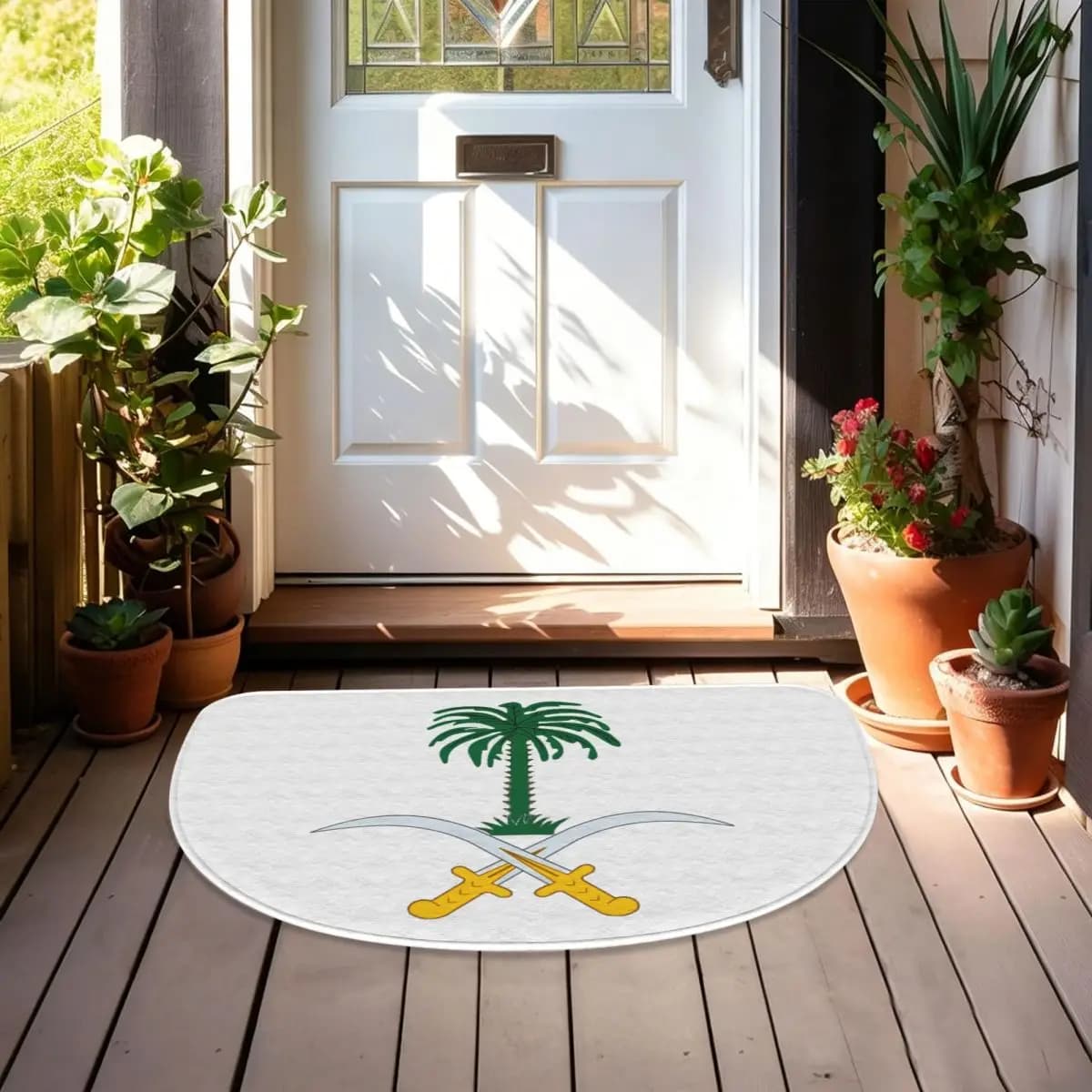 Coat Of Arms Of Saudi Arabia Soft Flannel Half Round Doormat Non Slip Bathroom Mat Absorbent Floor Carpet for Living Room