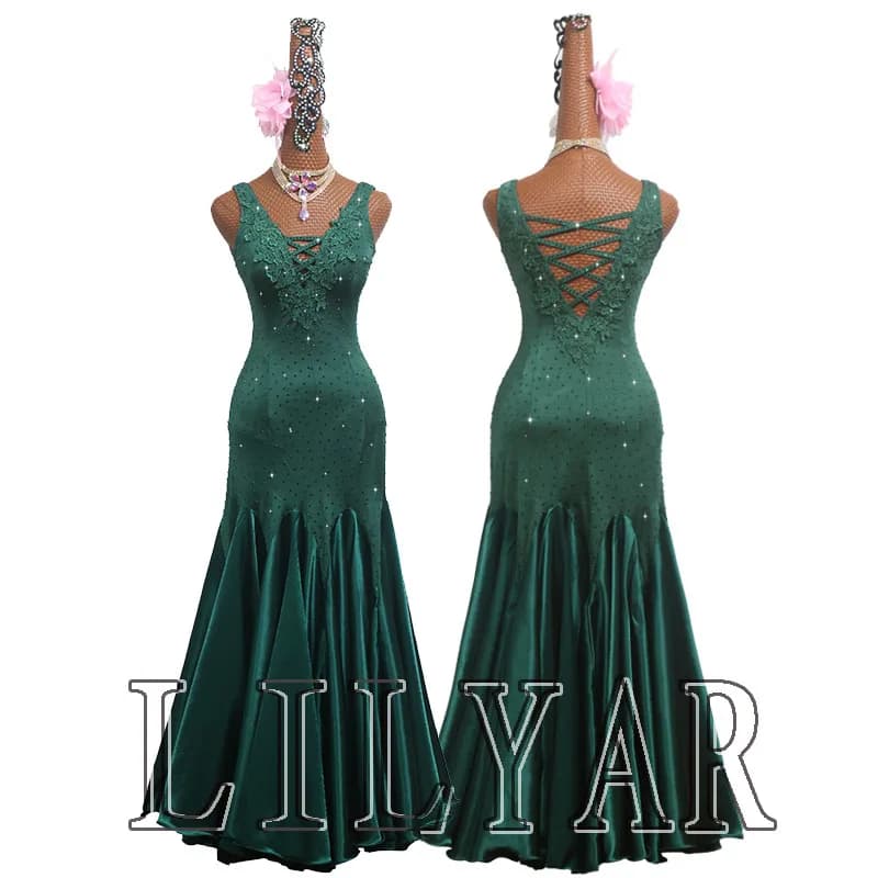 Costumi da competizione con gonna standard per ballo da sala Abito da esibizione Personalizza il nuovo arrivo per bambini adulti Verde scuro ricamato