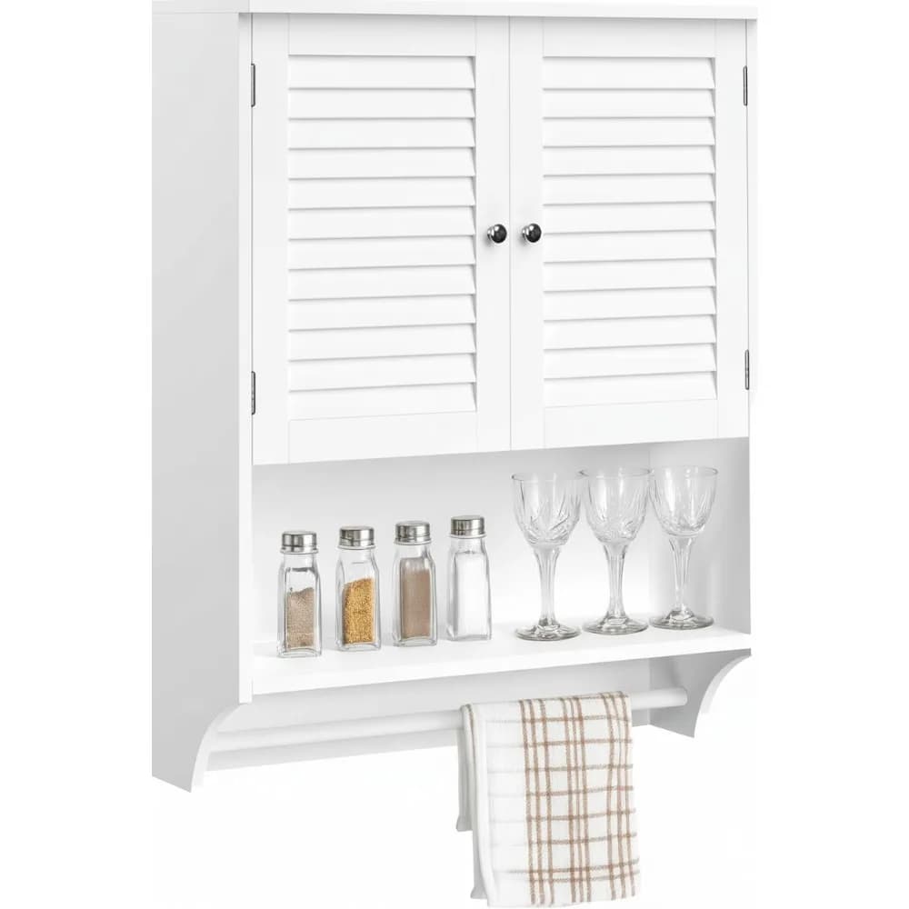 Elegante mobiletto da bagno bianco a parete con ante con anta, portasciugamani e ripiani regolabili per piccole case