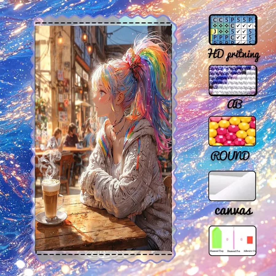 1 piece - 5D-DIY - Flocking cloth - Special drill bit - Diamond painting set - Coffee, rainbow hair - Mosaic - Diamond art