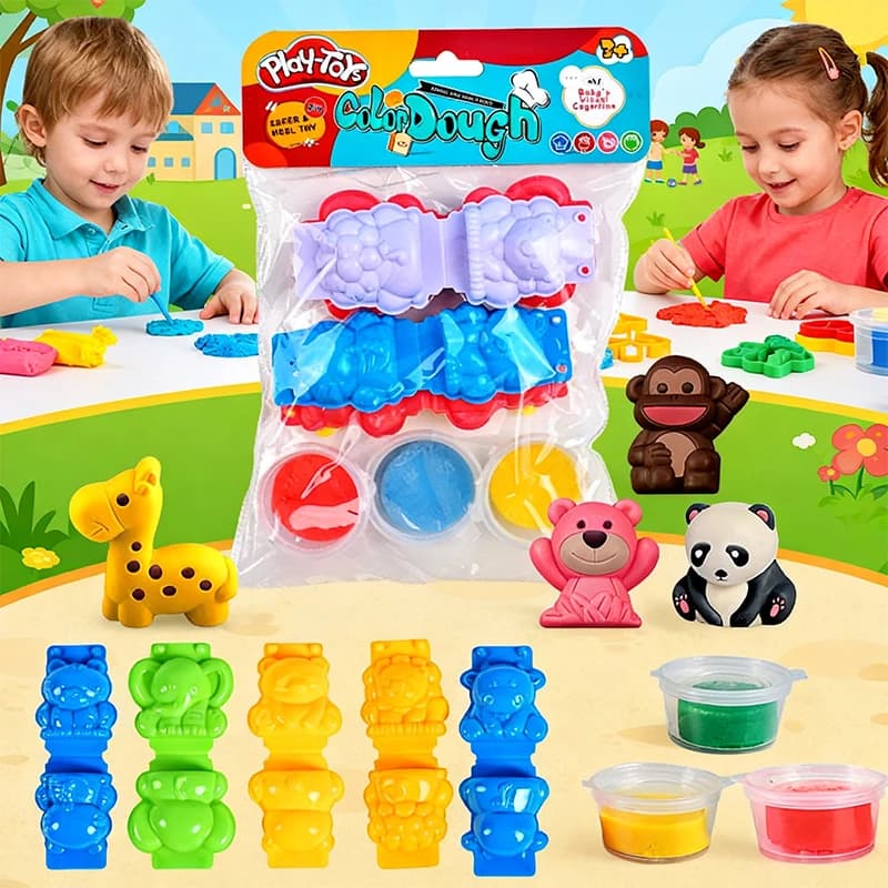Plasticine Tools Kit in Bag Kids Color Clay with Various Animals Plastic Molds Preschool School Handwork DIY Play Dough Material