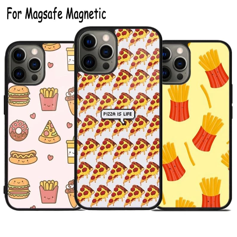 Cover Magnetica Wireless per iPhone 17 Air 15 16 16e 14 13 11 12 Pro Max Plus con Design Patatine Fritte, Hamburger e Pizza, Compatibile Magsafe