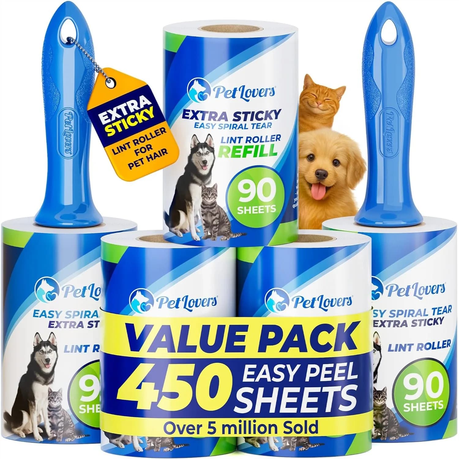 Extra Sticky Lint Roller 450 Sheets 5 Pack for Pet Hair Removal, Clothes, Furniture, and Carpet