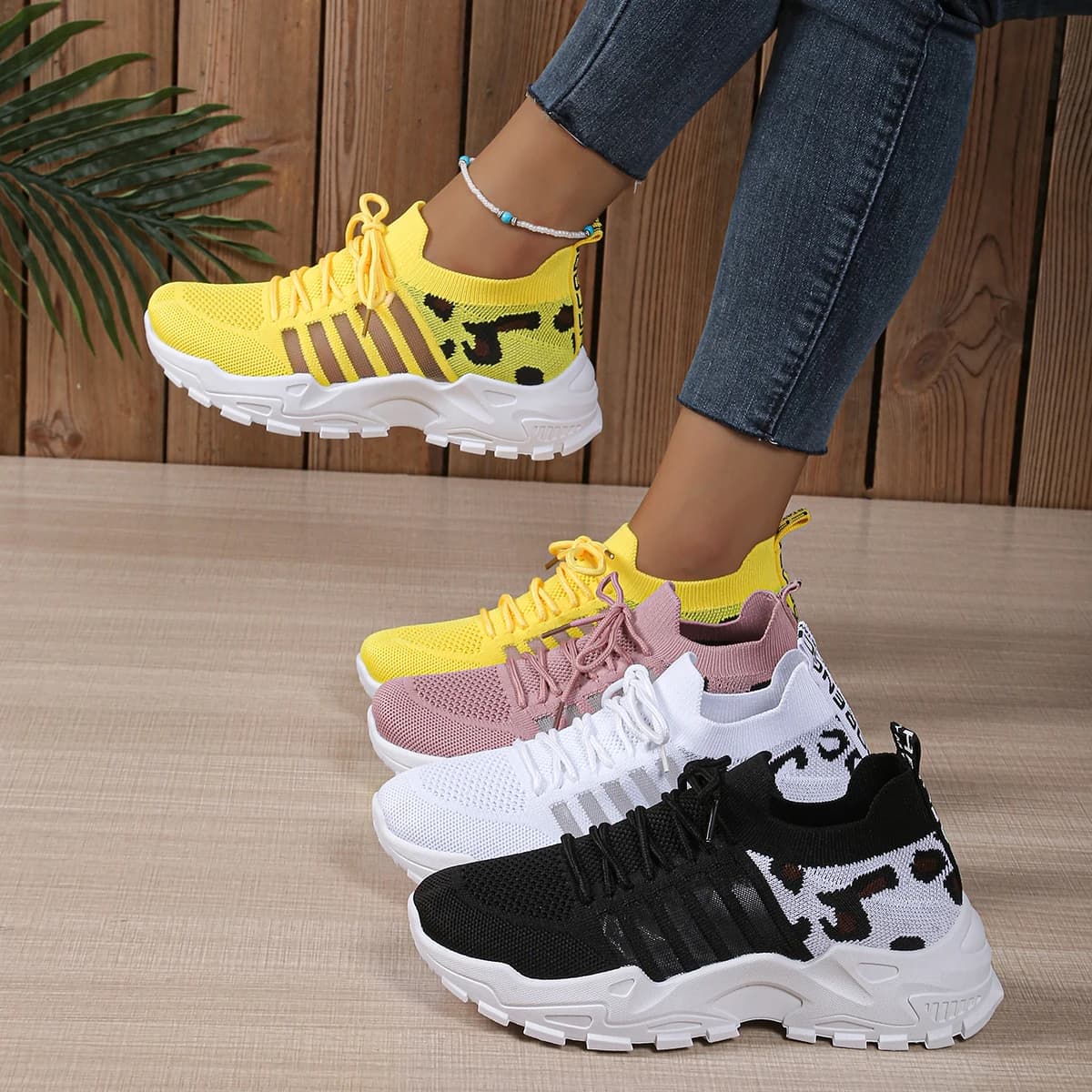 Sneakers da Donna in Maglia con Stampa Leopardata, Traspiranti, con Lacci, Scarpe Casual da Passeggio, Antiscivolo, Suola Spessa, alla Moda, Sportive