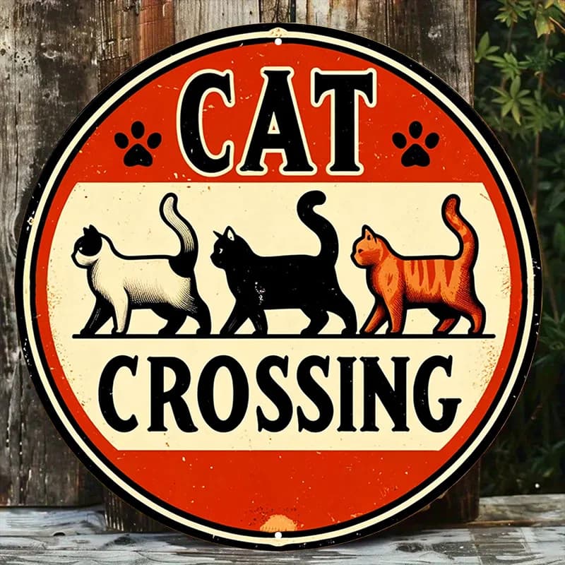 Targa in metallo vintage retrò Cat Crossing da 1 pezzo - Decorazione da appendere a parete in alluminio per bar, bar, casa - Fe resistente alle intemperie, multiuso