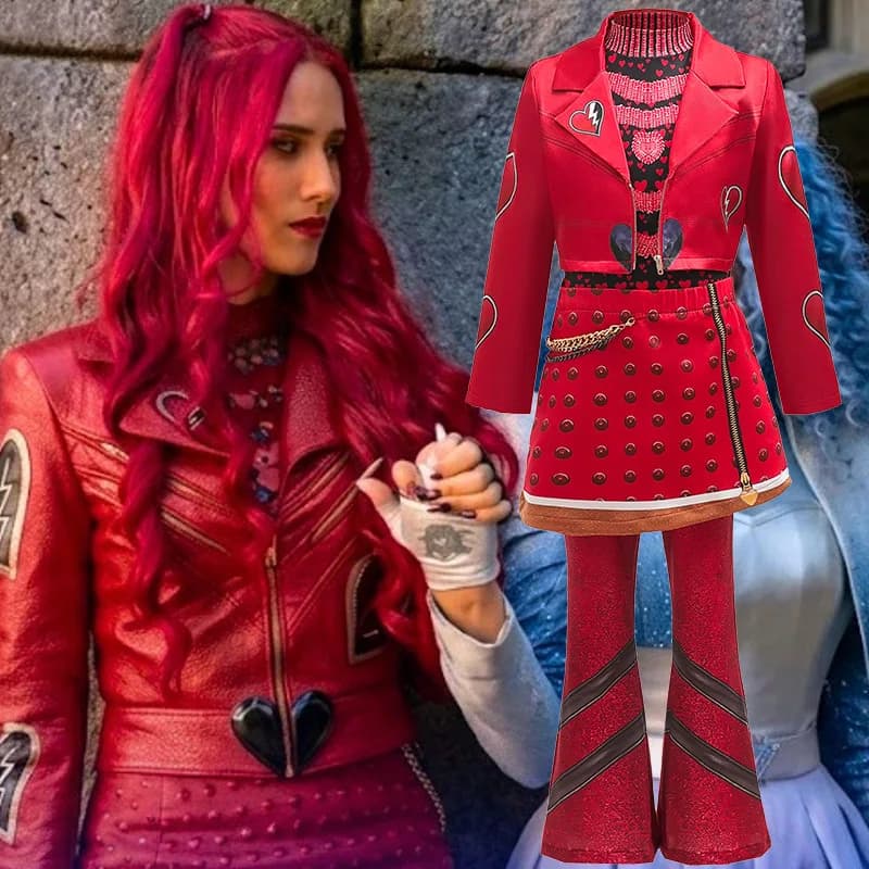 Descendants 5 Cosplay Costume Queen of Hearts Punk Outfit with Jacket Skirt & Flare Pants Halloween Comic Con Stage Performance