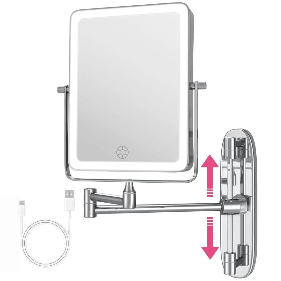 Specchio da Trucco Illuminato da Parete, Rettangolare Bifacciale con Ingrandimento 1X 7X, Specchio da Bagno Regolabile in Altezza, Ricaricabile con 3 Colori di Illuminazione
