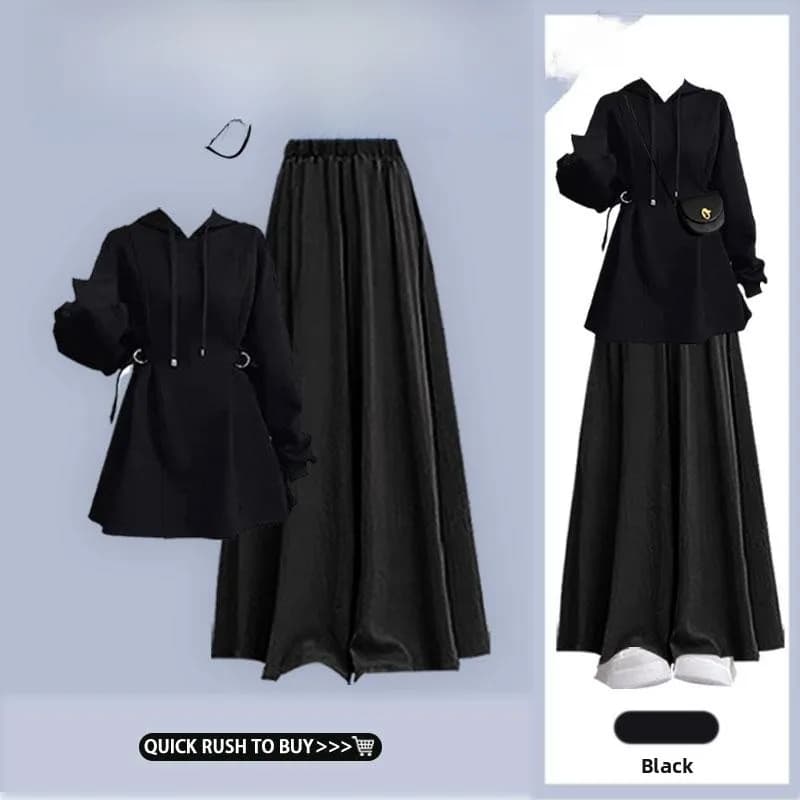 Women's Loose Lazy Style Hoodie Dress Belted Drapey Wide Leg Pants Skirt Two Piece Set High Waist Slimming Autumn 2024 New Ar...