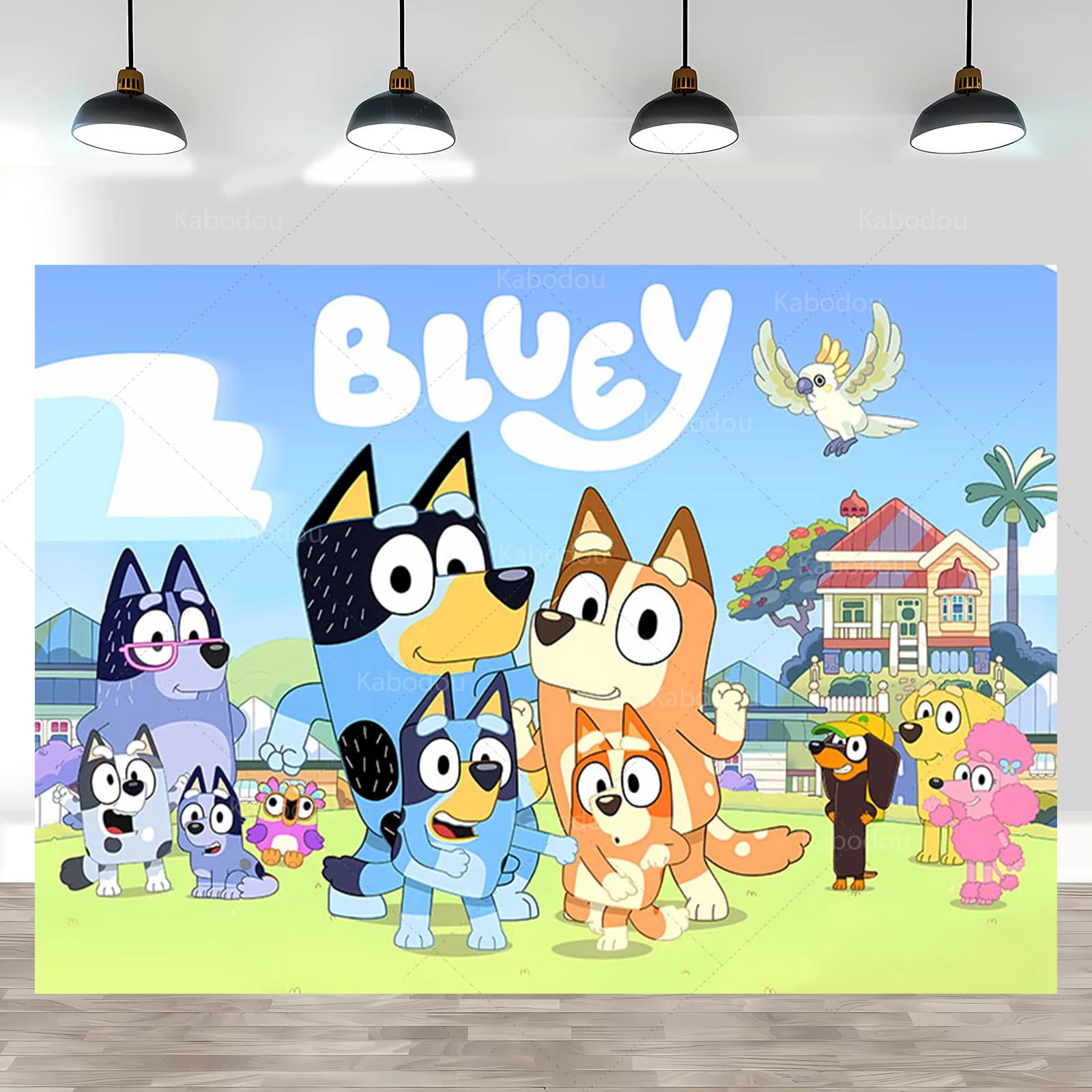 Sfondo Fotografico Personalizzato con Famiglia Bluey dei Cartoni Animati, Decorazione per Feste di Compleanno per Bambini, Sfondo in Vinile e Poliestere per Baby Shower