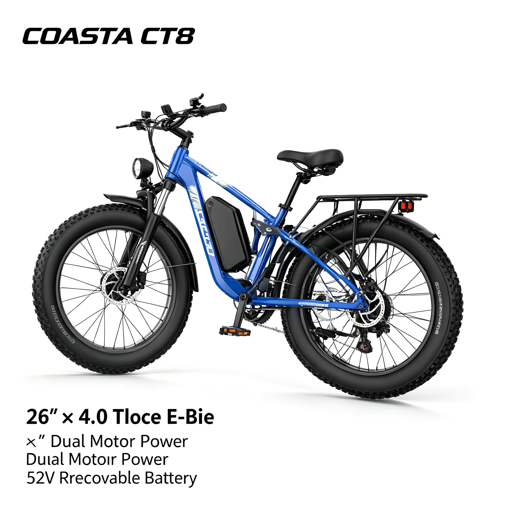 COASTA CT8 Blue 26"×4.0 Fat Tire Electric Bike Dual Motor Full Suspension E‑Bicycle 3000W Peak 60V Removable Battery Hydraulic Disc Brake Shimano 7‑Speed LCD Display LED Headlight Max Load 150KG For Snow Beach Mountain Off‑Road Riding