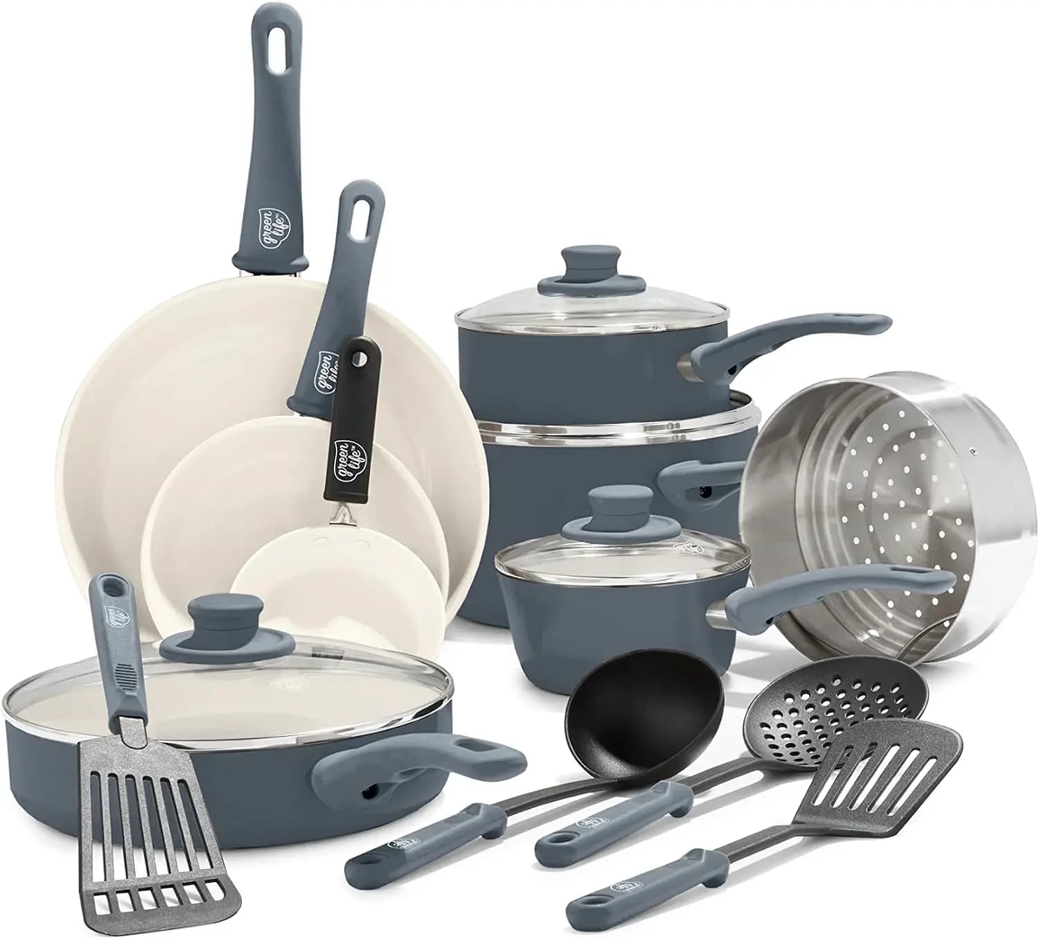 16 Piece Ceramic Nonstick Pots Pans Cookware Set Gray PFAS Free Coating Stockpot Frying Saucepans Saute Pan Stay Cool Handles Di