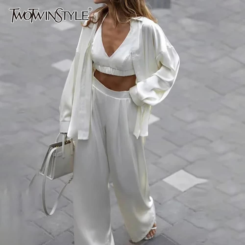 TWOTWINSTYLE Set tre pezzi solido per donna T-shirt larghe a maniche lunghe con risvolto Gilet all'americana Set di pantaloni a vita alta Donna