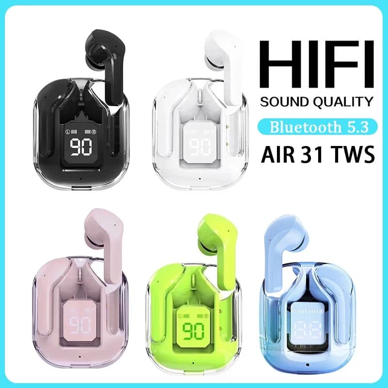 TWS Wireless Bluetooth Earphone Air31 Transparent Headphones with Digital Display Noise Canceling Headset Gaming Earbuds BT30