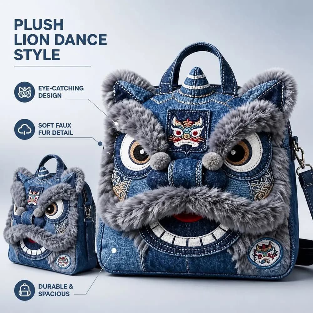 Denim Lion Dance Bag Multi-Compartment Adjustable Strap Embroidered Crossbody Bag Embroidery Zipper Closure Casual Backpack