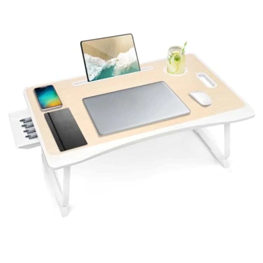 Tavolino da Letto per Laptop, Pieghevole e Portatile, Supporto per Notebook con Cassetto Portaoggetti e Portabicchieri
