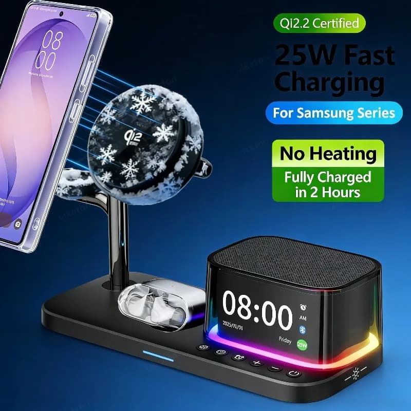 Stazione di Ricarica Wireless 3 in 1 Certificata Qi2.2 da 25W con Orologio, Altoparlante e Luce RGB per Telefoni Samsung, Orologi e Auricolari, Uso Domestico