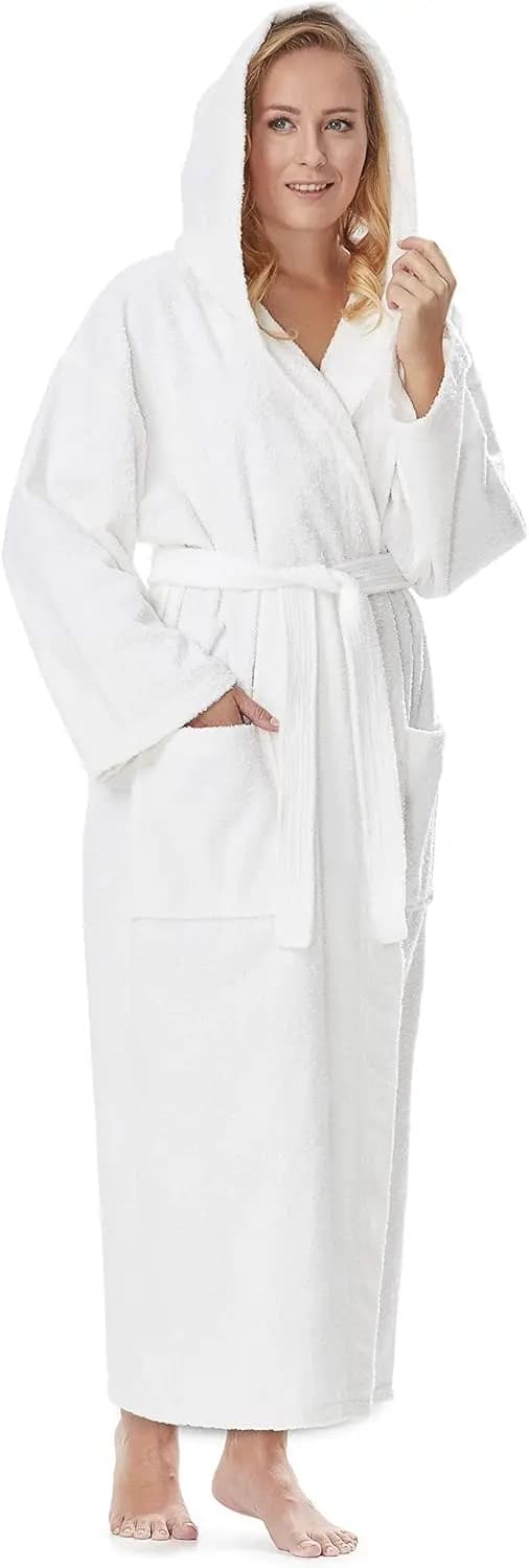 Women's Hooded Classic Bathrobe Turkish Cotton Robe Full Length
