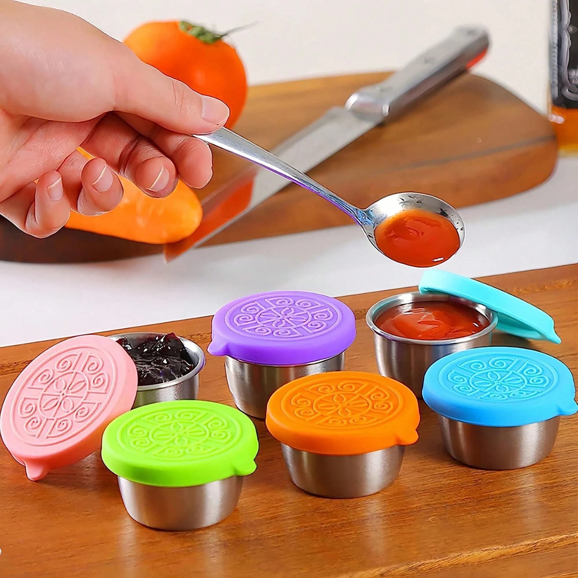 1/4 pezzi in acciaio inossidabile tazze di salsa per immersione piatti per condimenti con coperchi in silicone a tenuta stagna riutilizzabile contenitore per alimenti per condimenti per insalata