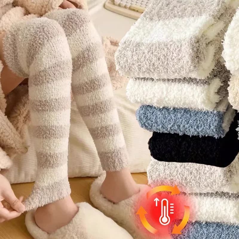 Scaldamuscoli caldi in peluche a righe invernali per donna Calzino di protezione per le gambe morbido e confortevole in pile di corallo con coprigambe addensati sopra il ginocchio