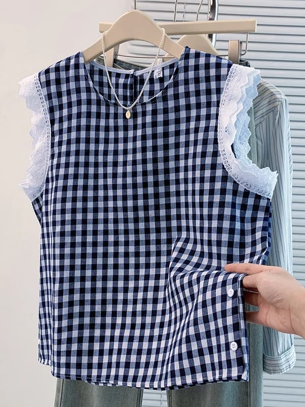 Retro Cotton Linen Plaid Sleeveless T-Shirt Women Loose Japanese Style Lace Trim Shirt Versatile Anti-Aging Top