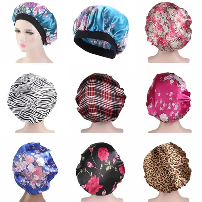 New satin hair caps for women sleeping bathroom head double layer hat accessories for Styling curly hair head to sleep