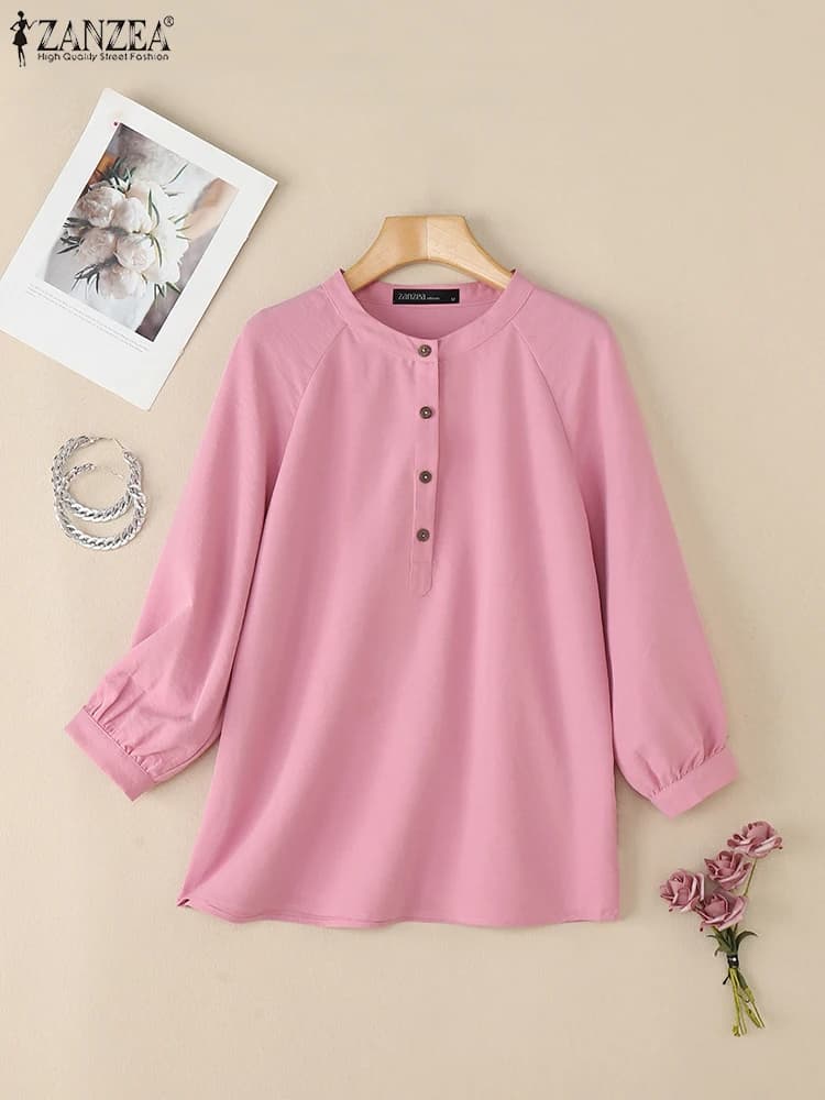 ZANZEA Camicette casual da donna con maniche a 3/4 2025 Autunno Mezze bottoni Girocollo Blusas Mujer Abbigliamento quotidiano Top in tinta unita