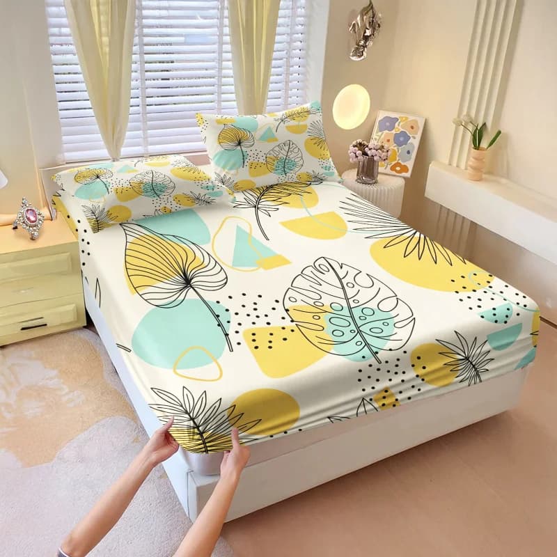 Line Tropical Leaf Geometric Print Fitted Sheet Set Bed Sheet Set Bedding Set No Fillers Soft Adult Bedding Decor