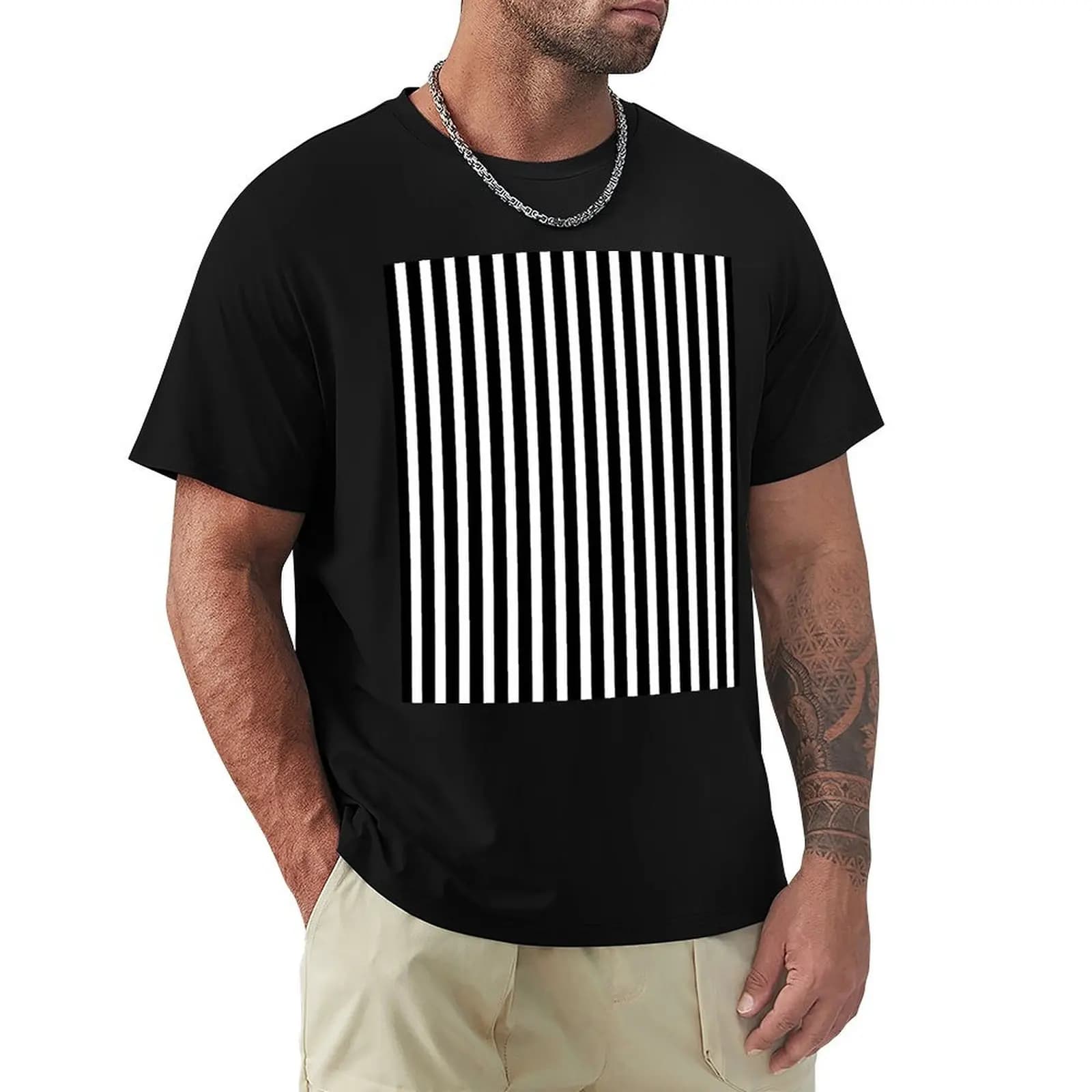 Black & White Large Vertical Stripes T-Shirt Athletic Fit Sports Short Sleeve Top
