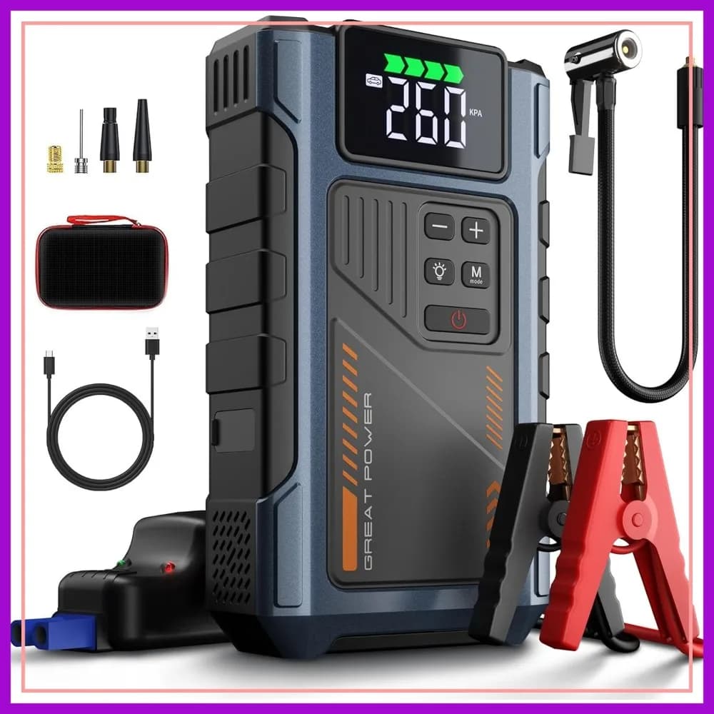Avviatore di Emergenza 4500A con Compressore d'Aria 150PSI, Booster Portatile per Batteria Auto 12V per Motori a Benzina 8.5L/Diesel 7.0L, Gonfiatore Pneumatici