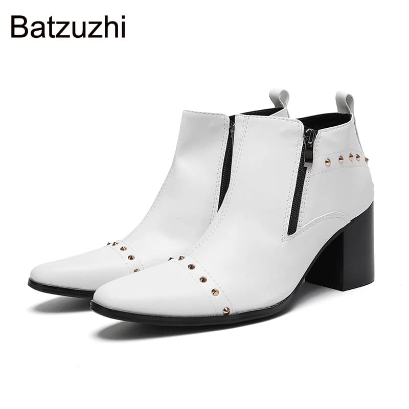 Batzuzhi Stivali da uomo fatti a mano Scarpe a punta Stivaletti in pelle bianca Uomo Doppie cerniere Stivali da festa e da sposa alla moda Uomo