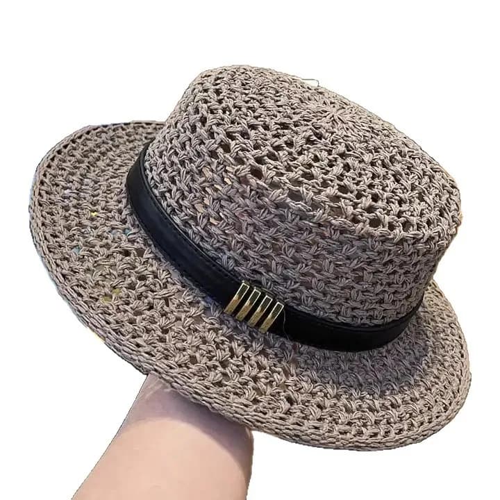Cappello vintage in rafia con parte superiore piatta, stile Old Money, Fedora Jazz con dettaglio fibbia, cappello estivo da donna per protezione solare