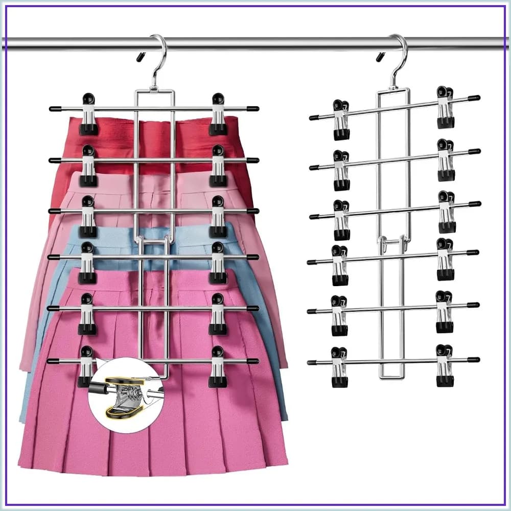 Space Saving 6-Tier Skirt Pants Hangers with Clips, 360° Swivel Hook, Finger-Safe Design - Dorm Room Apartment Essentials
