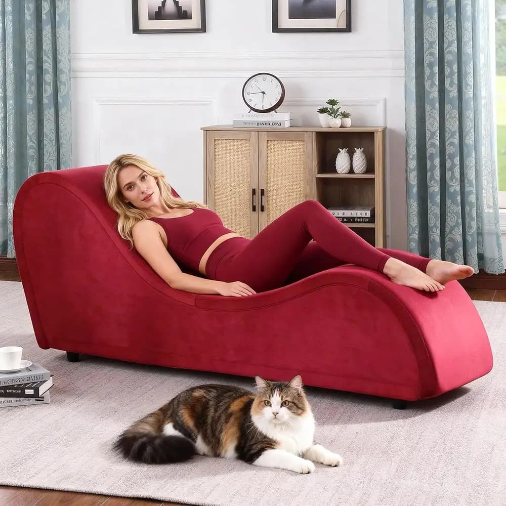 Chaise longue rossa in velluto elegante con rivestimento rimovibile, divano letto ergonomico in metallo