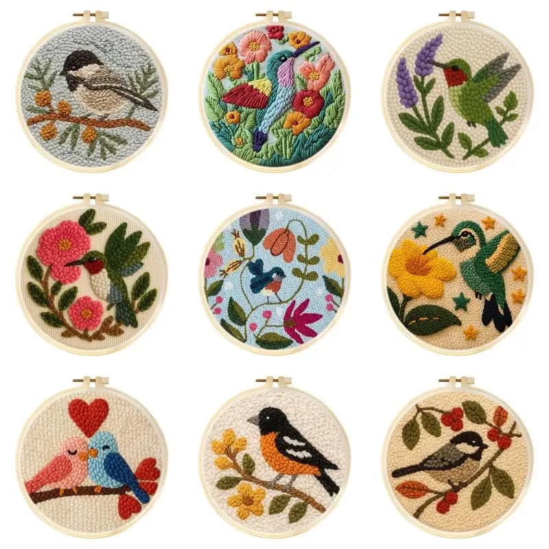 Kit Fai-da-te per Ricamo Punch Needle per Principianti, con Motivi di Uccelli e Animali, Strumento Punch Needle, Cerchio per Pittura, Filato e Tappeto per Decorazioni Domestiche