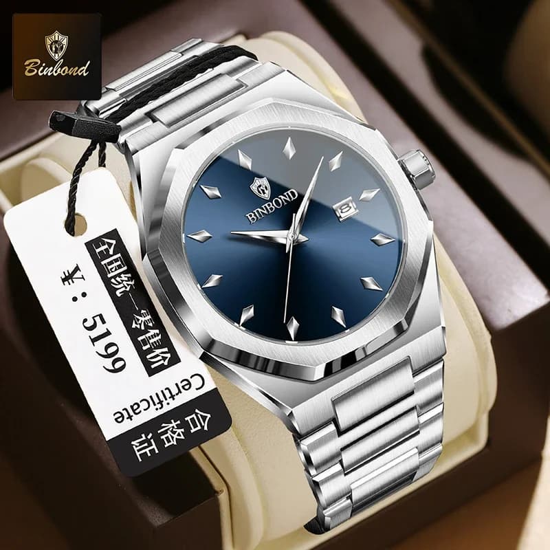 BINBOND Orologi da uomo di lusso Orologio da polso da uomo impermeabile con data d'affari Orologio da uomo in acciaio inossidabile Orologio sportivo da uomo al quarzo