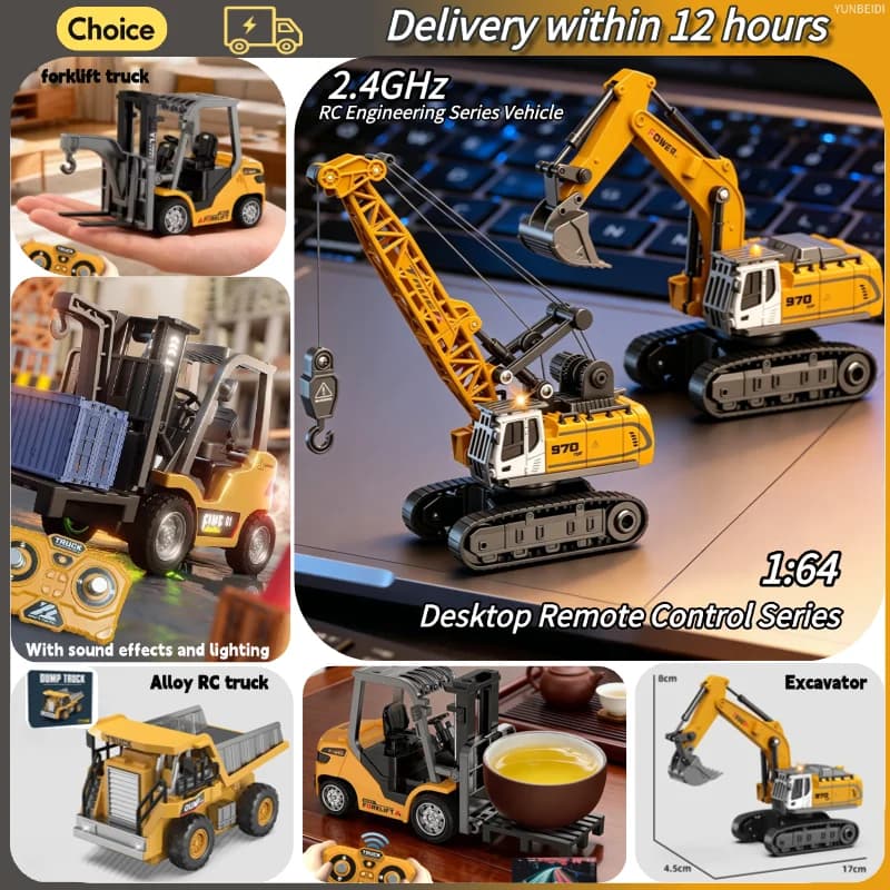 Mini Auto RC in Lega 1:64, Carrello Elevatore, Gru, Escavatore, Gioco da Tavolo, Telecomando 2.4GHz, Camion da Costruzione, Giocattolo per Bambini, Regalo