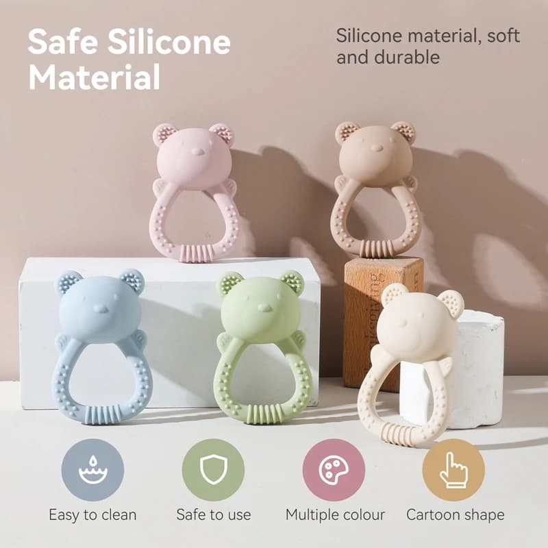 Massaggiagengive in silicone per neonati, giocattolo sensoriale a forma di orsetto con sonaglio, per 0-12 mesi, in silicone alimentare