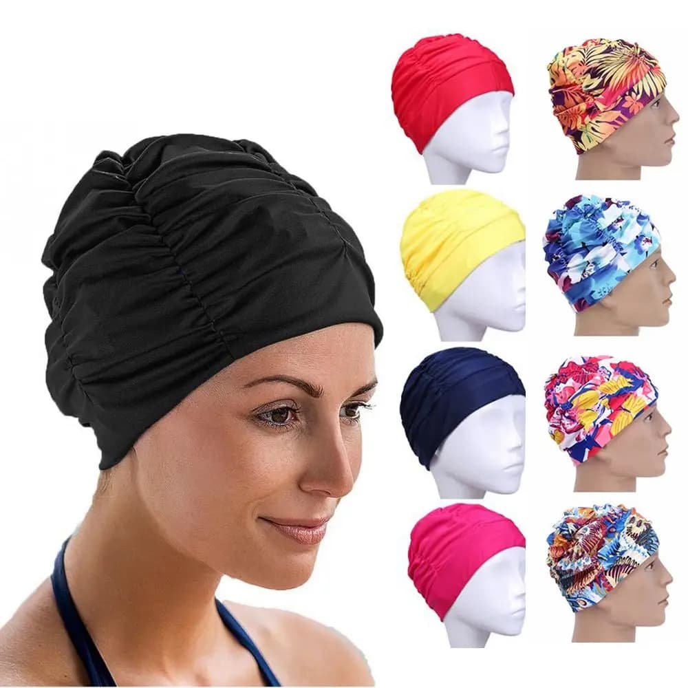 Swim cap with folded elastic nylon turban with printed ears with flowers, long hair protection, swimming caps in the pool