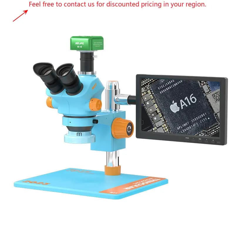 RELIFE RL-M5T-B11 Microscopio stereo trinoculare HD + sorgente luminosa RL-033D + adattatore 0,5 CV + telecamera HD 4K con controllo touch M-17