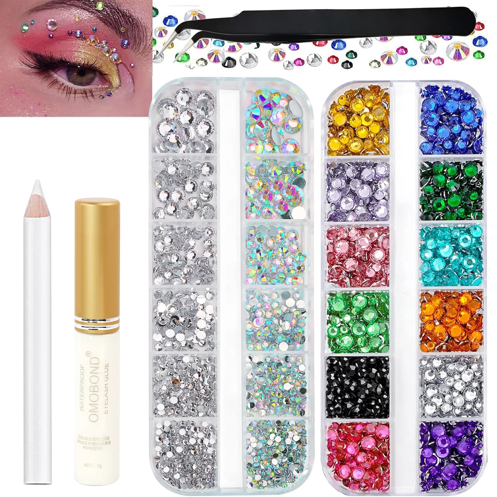 Set di adesivi con pietre preziose facciali scintillanti, fondo piatto, pinzette con diamanti colorati e acqua AB per il trucco del corpo, nail art, gioielli per occhi, decora