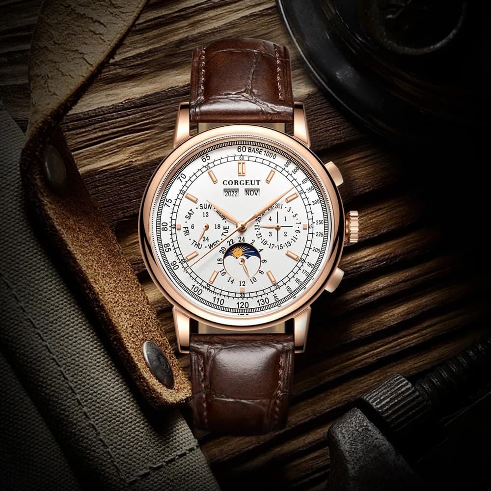 Corgeut 42mm Men's Automatic Watch Date Day Monthly Year Dial Rose Gold Multifunction Leather Strap 316L Polished Case Day Night