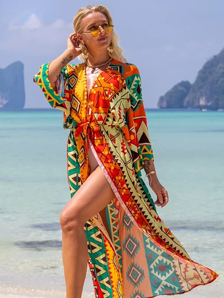 Costume da bagno Cover Up Kimono stampato per Sea Boho Coverup Long Luxury Beach Outings costumi da bagno con cintura Cape Holiday costumi da bagno vendite