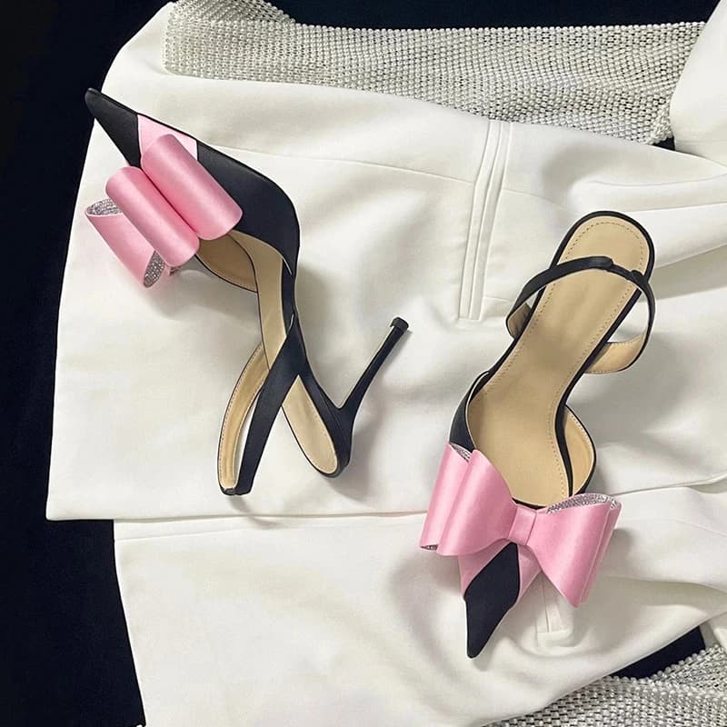 Bow Toe Toe Sandals Women's Summer Catwalk Black Sexy Versatile Rhinestone Back Strap Stiletto Heels