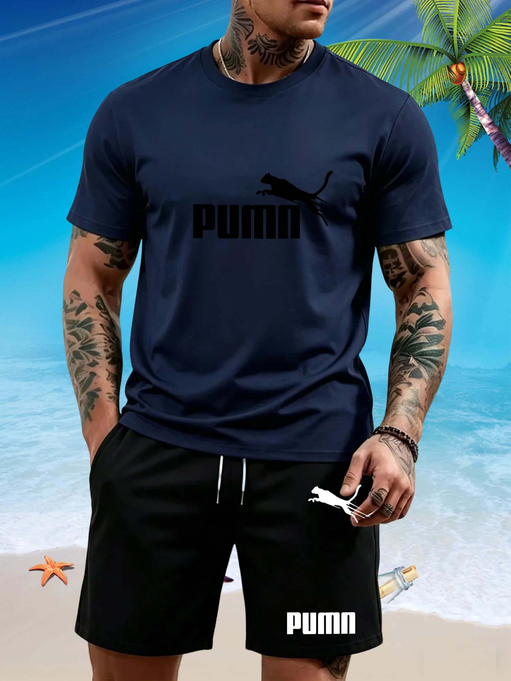 Men's quick-drying running T-shirt pants set, with a round neckline and elastic fabric. Suitable for both sports and casual wear