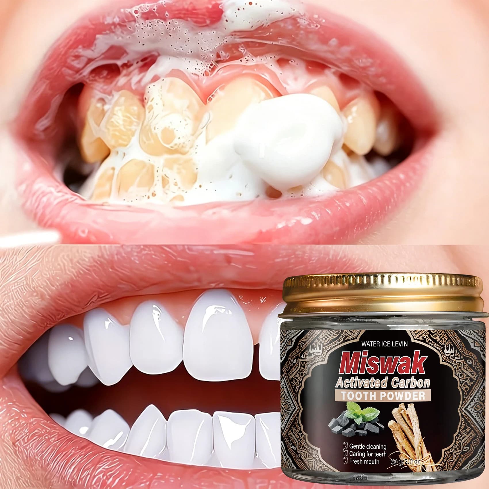 Natural Dentifricia powder with Active Carbon and Miswak for Cleansing Tooths, Fresh Food and Delicate Care