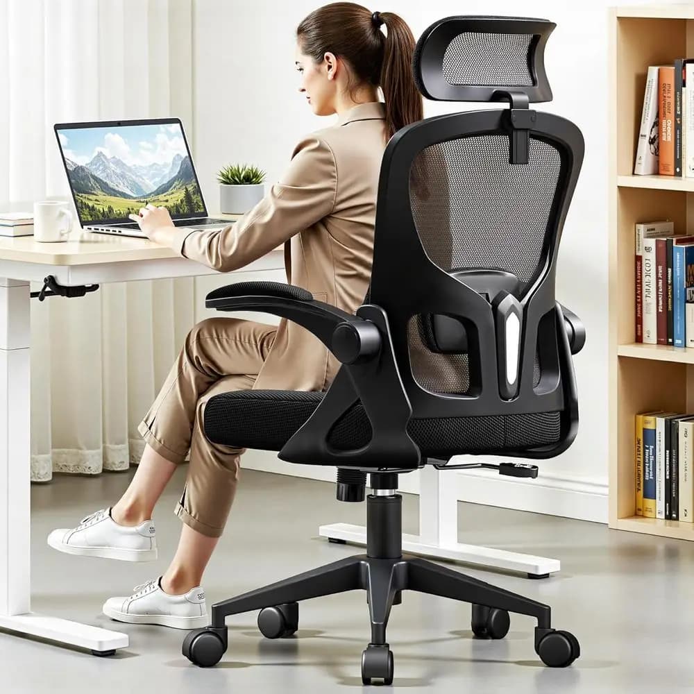 Sedia da scrivania ergonomica in rete con schienale alto, supporto lombare regolabile e poggiabraccia ribaltabili - Perfetta per il gaming e il lavoro