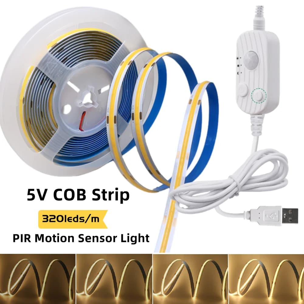 Striscia LED COB 5V 320LED/m Dimmerabile con Sensore di Movimento, Nastro LED Flessibile Alimentato USB per Illuminazione Fai-da-te di Armadi e Guardaroba